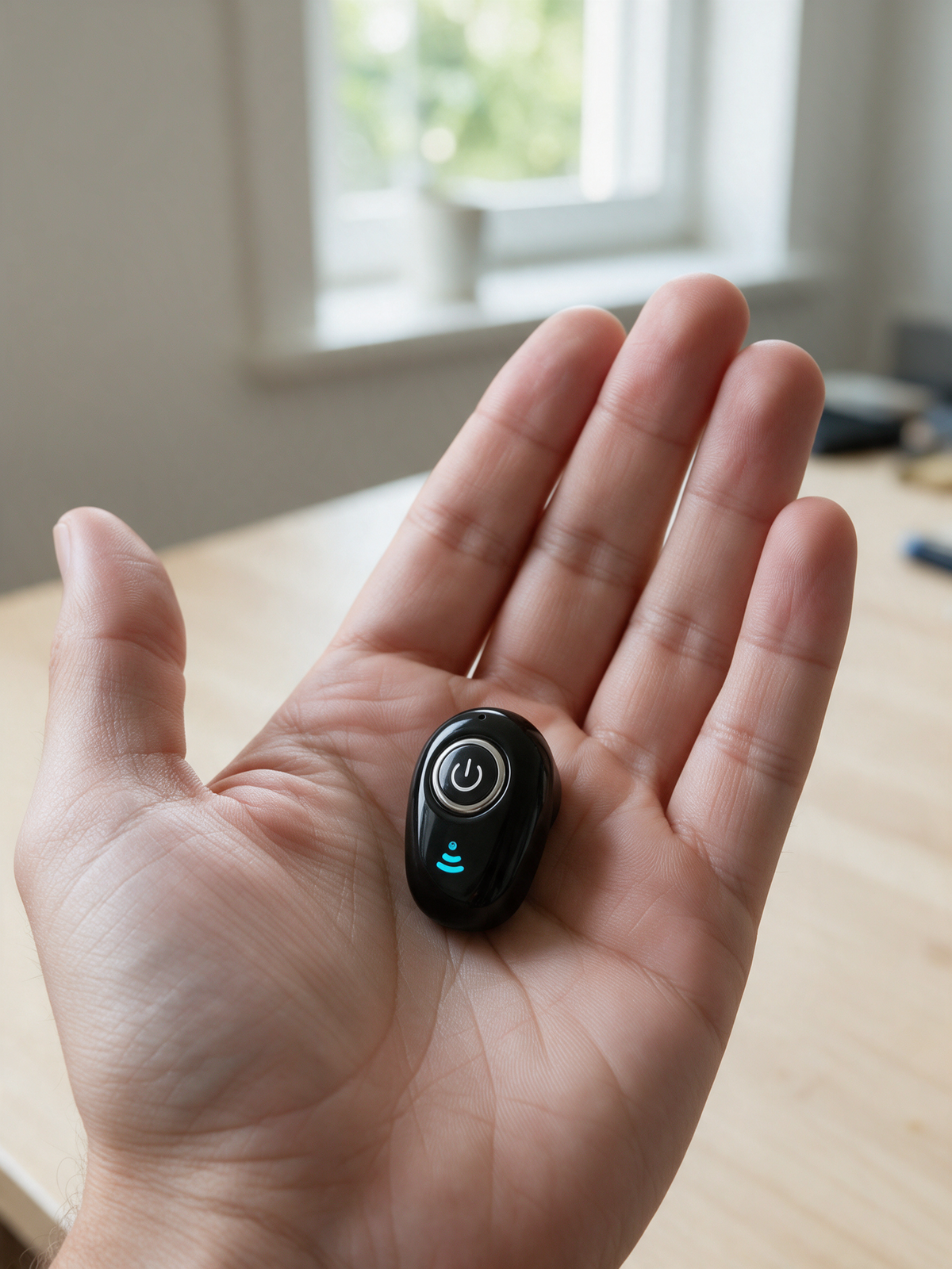 Mini Bluetooth Earpiece — actual size, single earpiece in the palm of a hand
