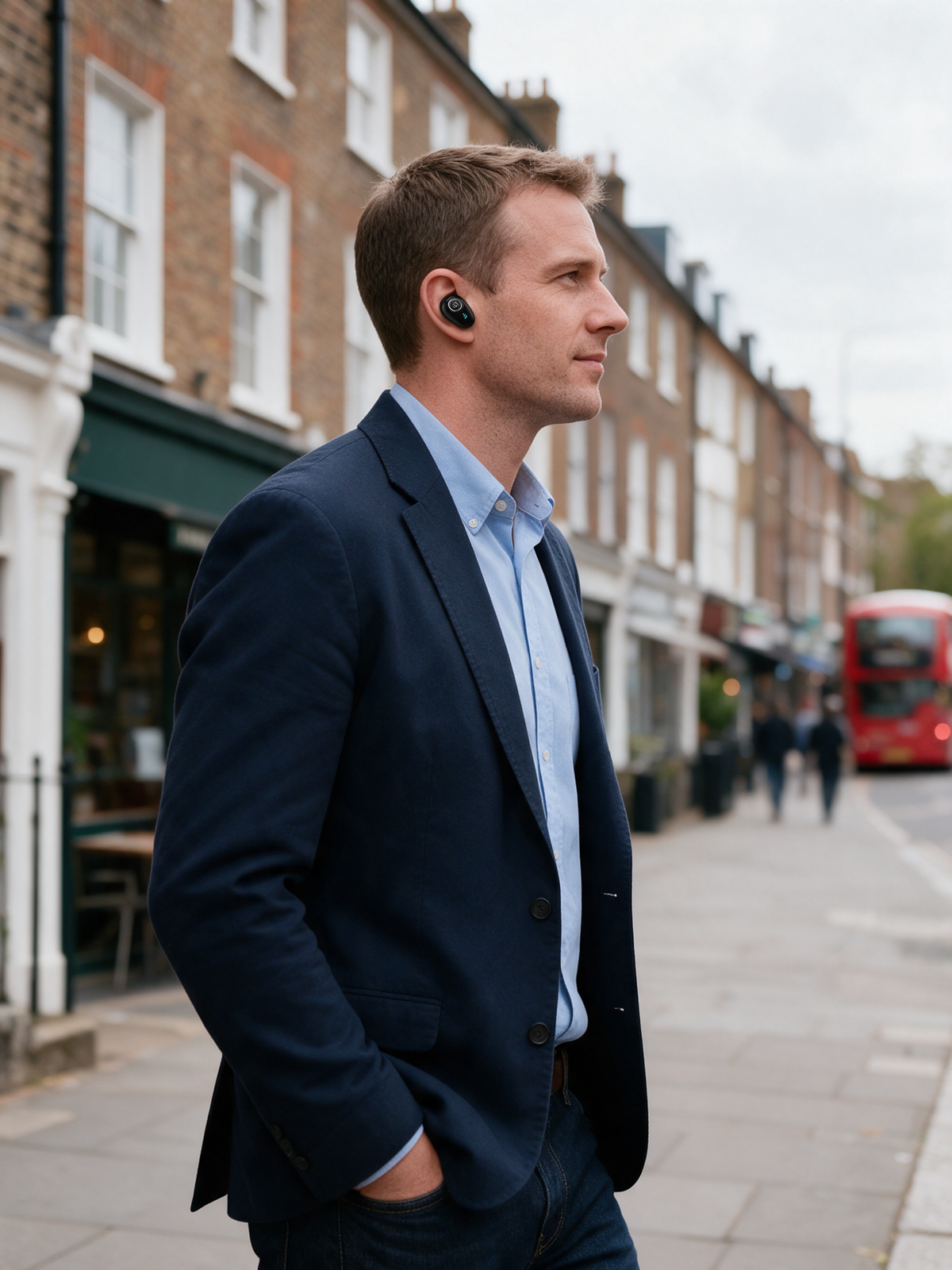 Mini Bluetooth Earpiece — in use, worn in one ear on a London street