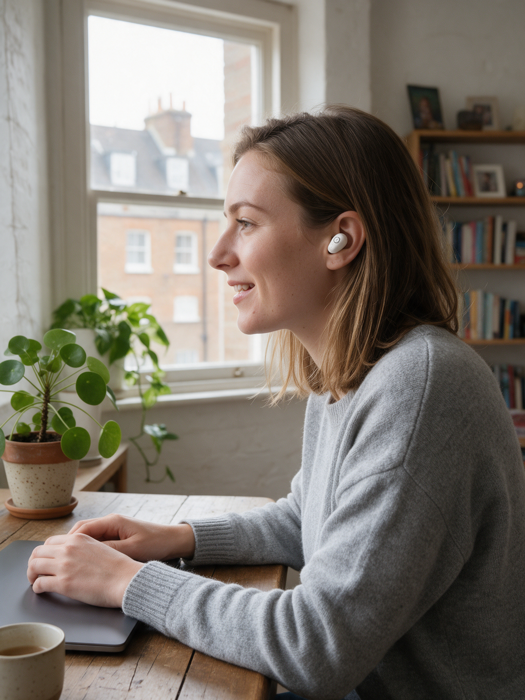 Mini Bluetooth Earpiece — in use, hands-free call at a home desk