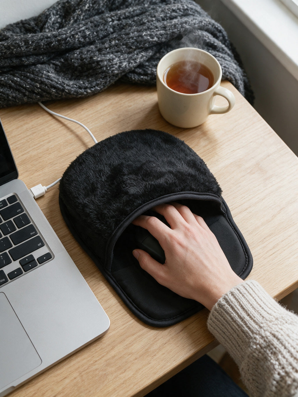 USB Heated Mouse Pad with Plush Hand Warmer Cover — hand inside the warmer, USB cable plugged into a laptop, shows pad size
