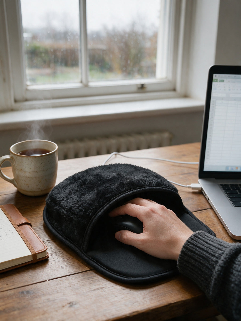 USB Heated Mouse Pad with Plush Hand Warmer Cover — in use, hand warming at a home-office desk in a UK flat in winter