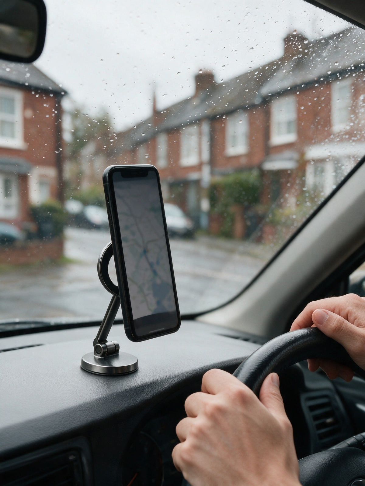 Magnetic Car Phone Mount — in use, on the dashboard of a right-hand-drive car on a rainy UK street