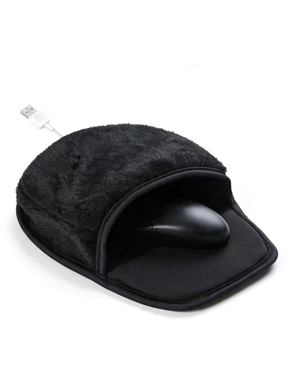 USB Heated Mouse Pad with Plush Hand Warmer Cover in Black — product shot on white
