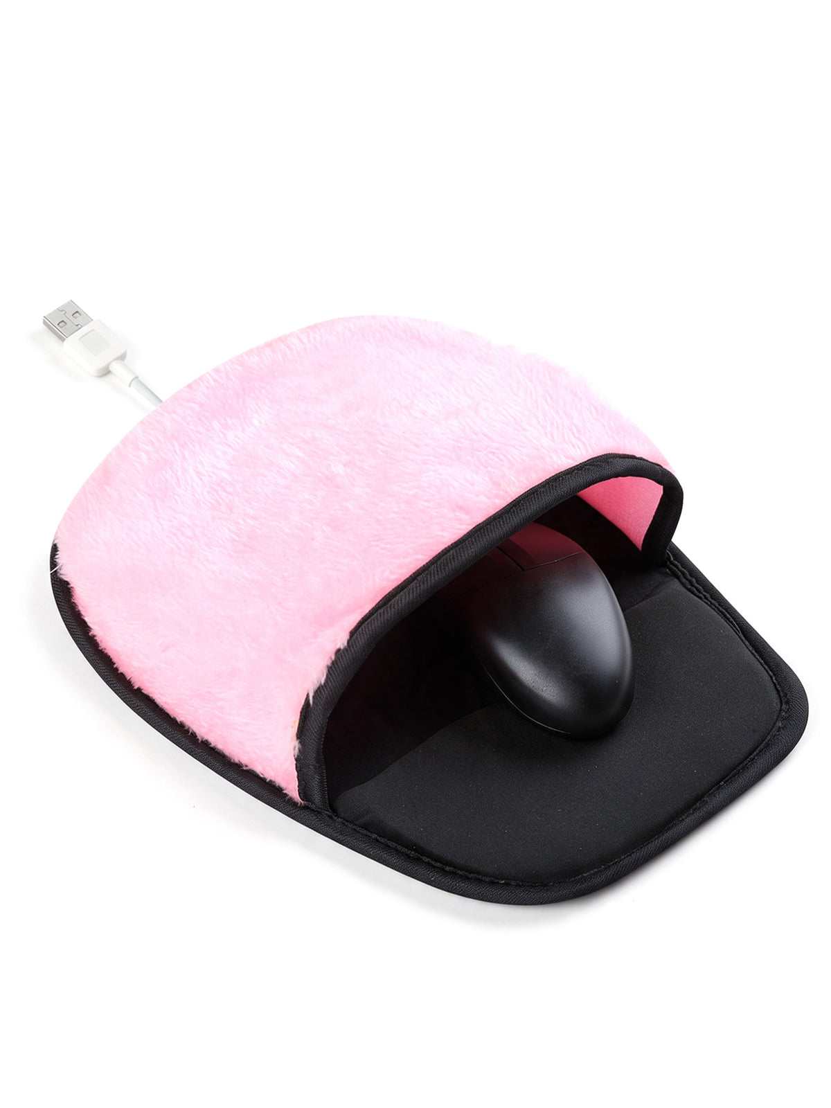 USB Heated Mouse Pad with Plush Hand Warmer Cover in Pink — product shot on white