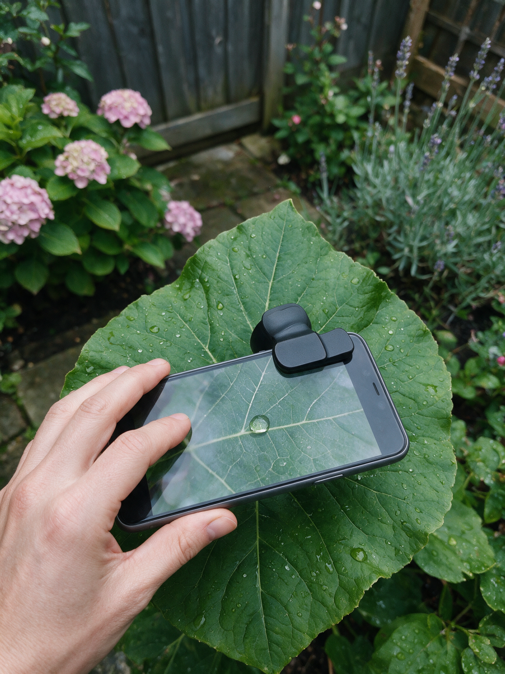 Clip-On Phone Camera Lens Kit — clipped over the rear camera for a macro shot of a leaf