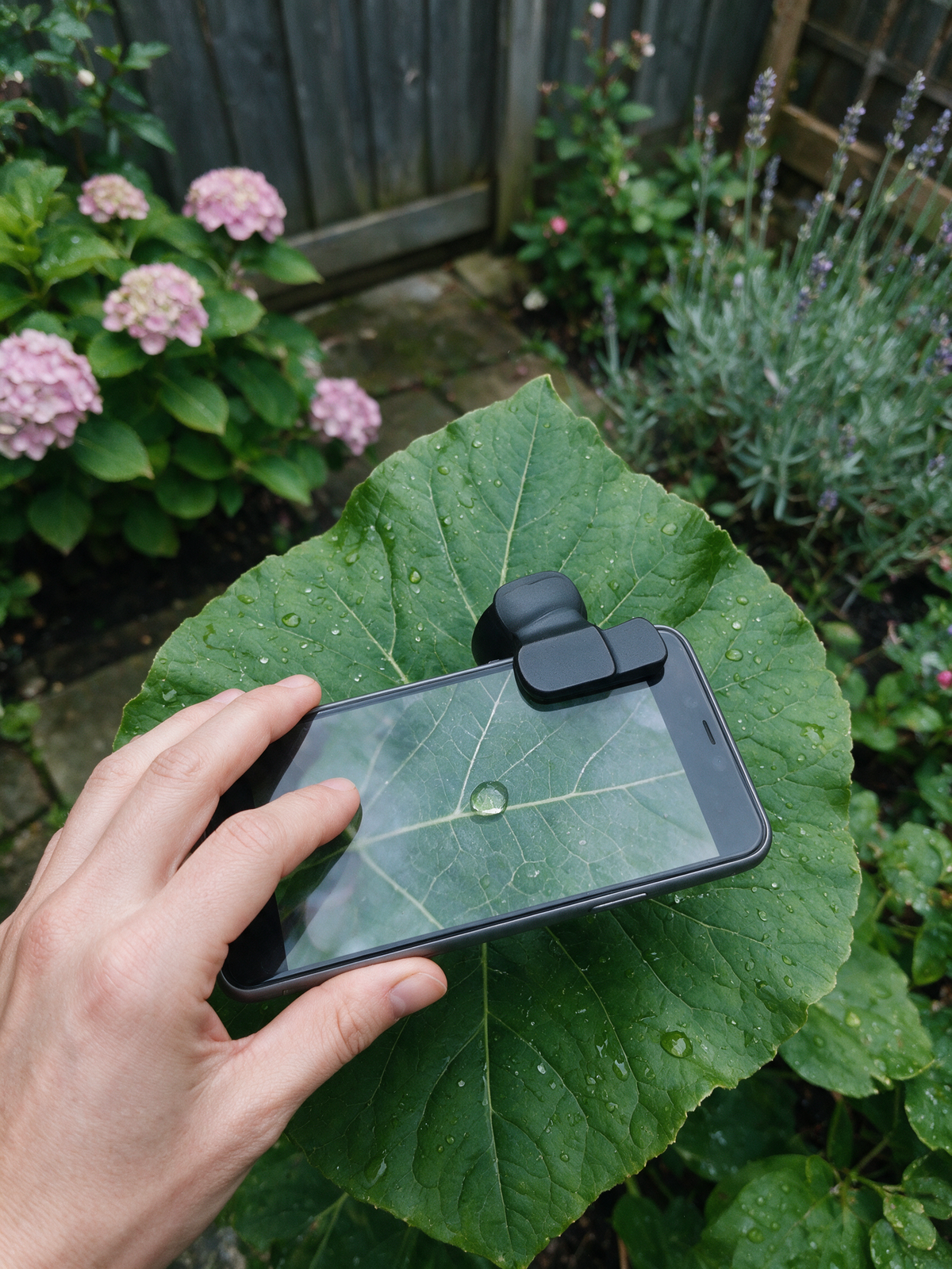 Clip-On Phone Camera Lens Kit — clipped over the rear camera for a macro shot of a leaf