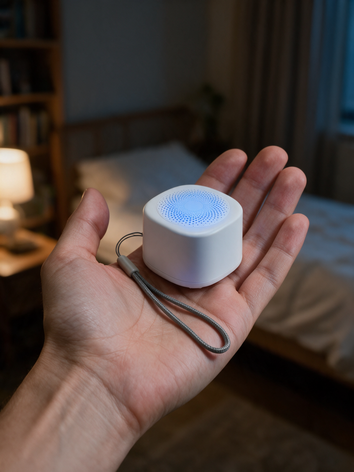 Portable White Noise Machine — pocket size in the hand, with night light on and lanyard