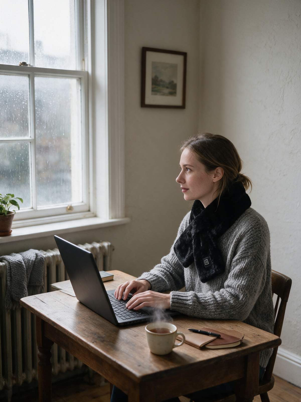 USB Heated Neck Scarf — in use, working at a desk in a chilly flat on a rainy day