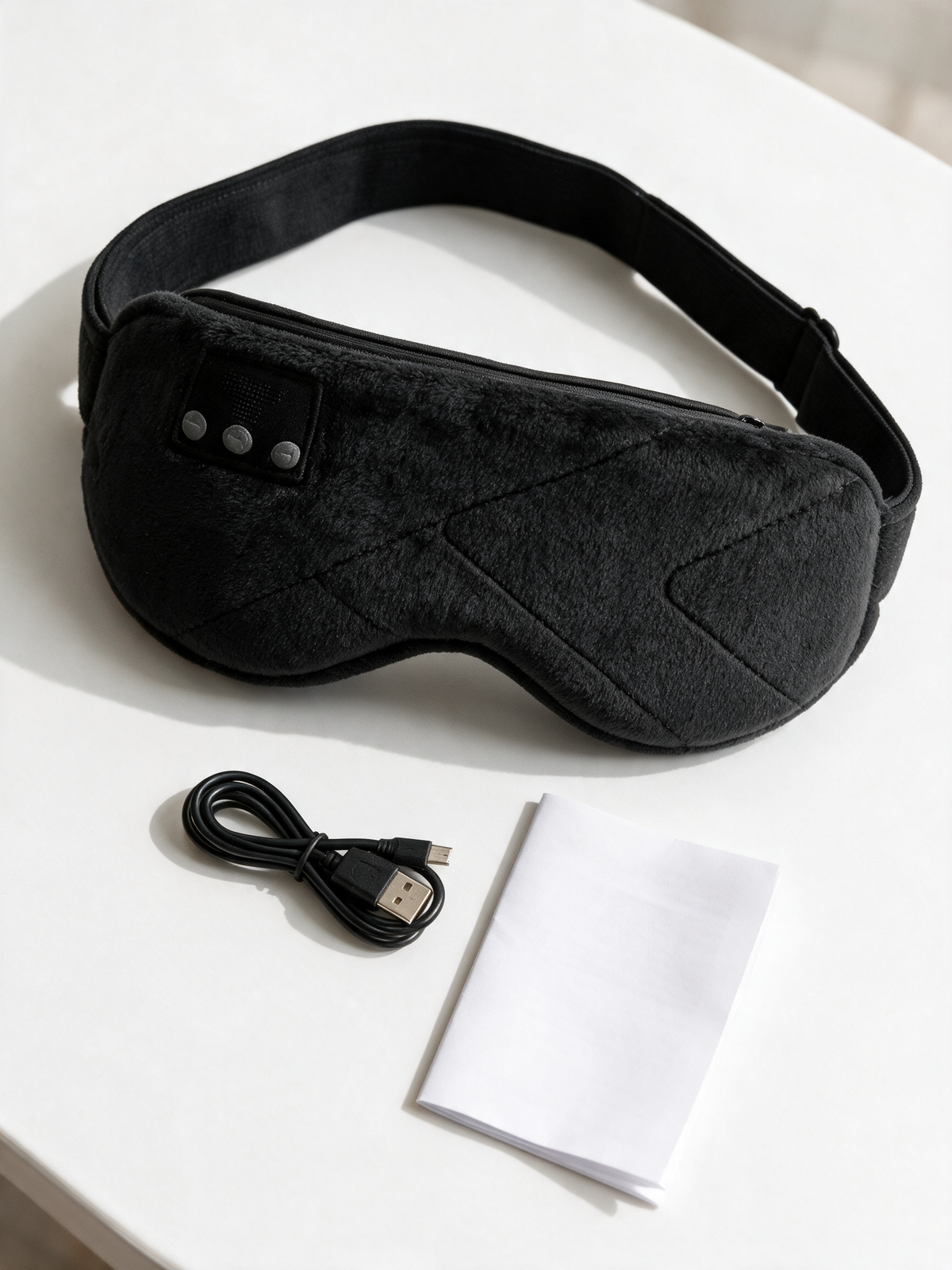 White Noise Sleep Mask — what's in the box: mask, USB charging cable and manual