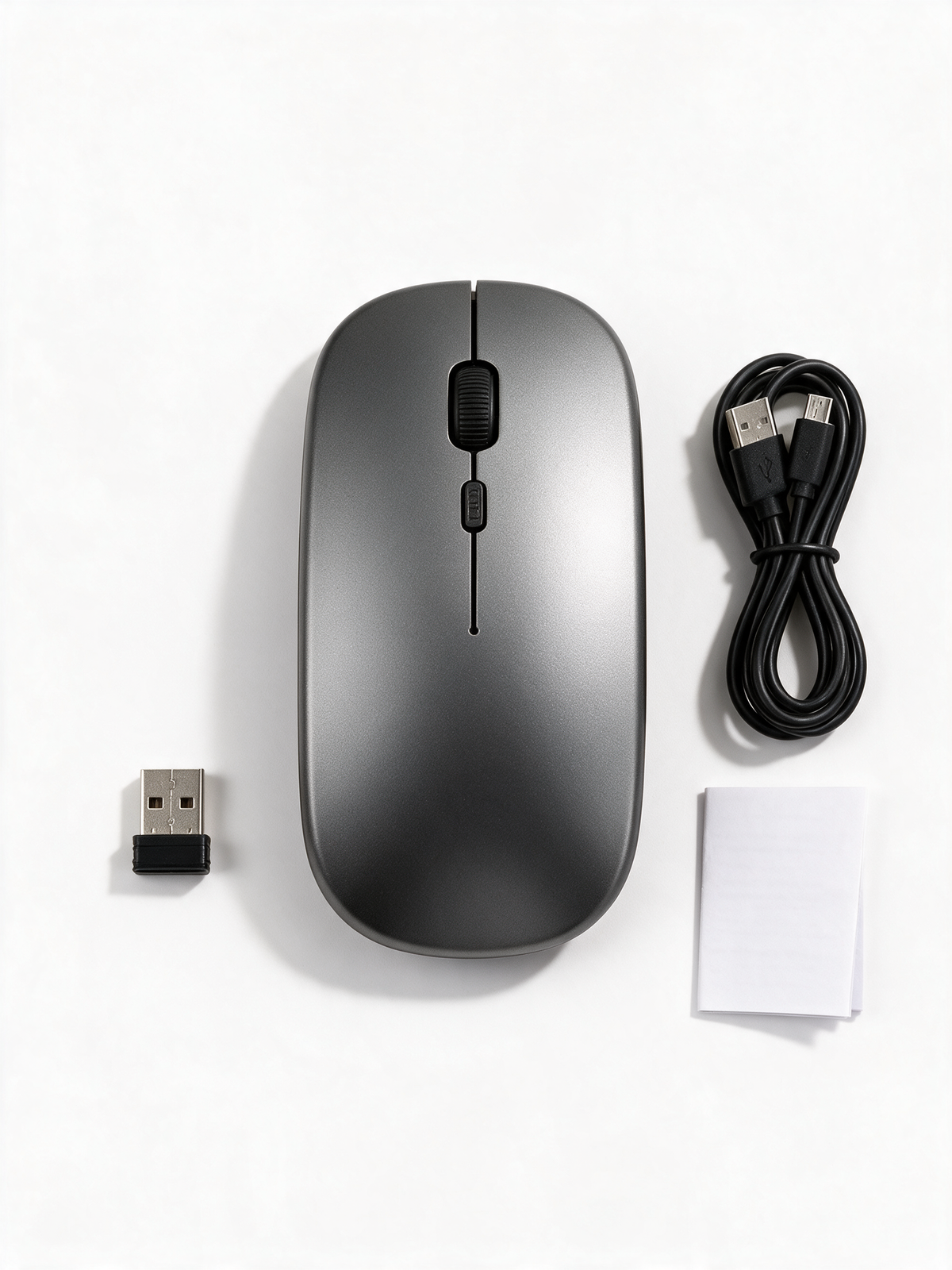 Silent Wireless Mouse — what is in the box: mouse, USB receiver, charging cable and instructions