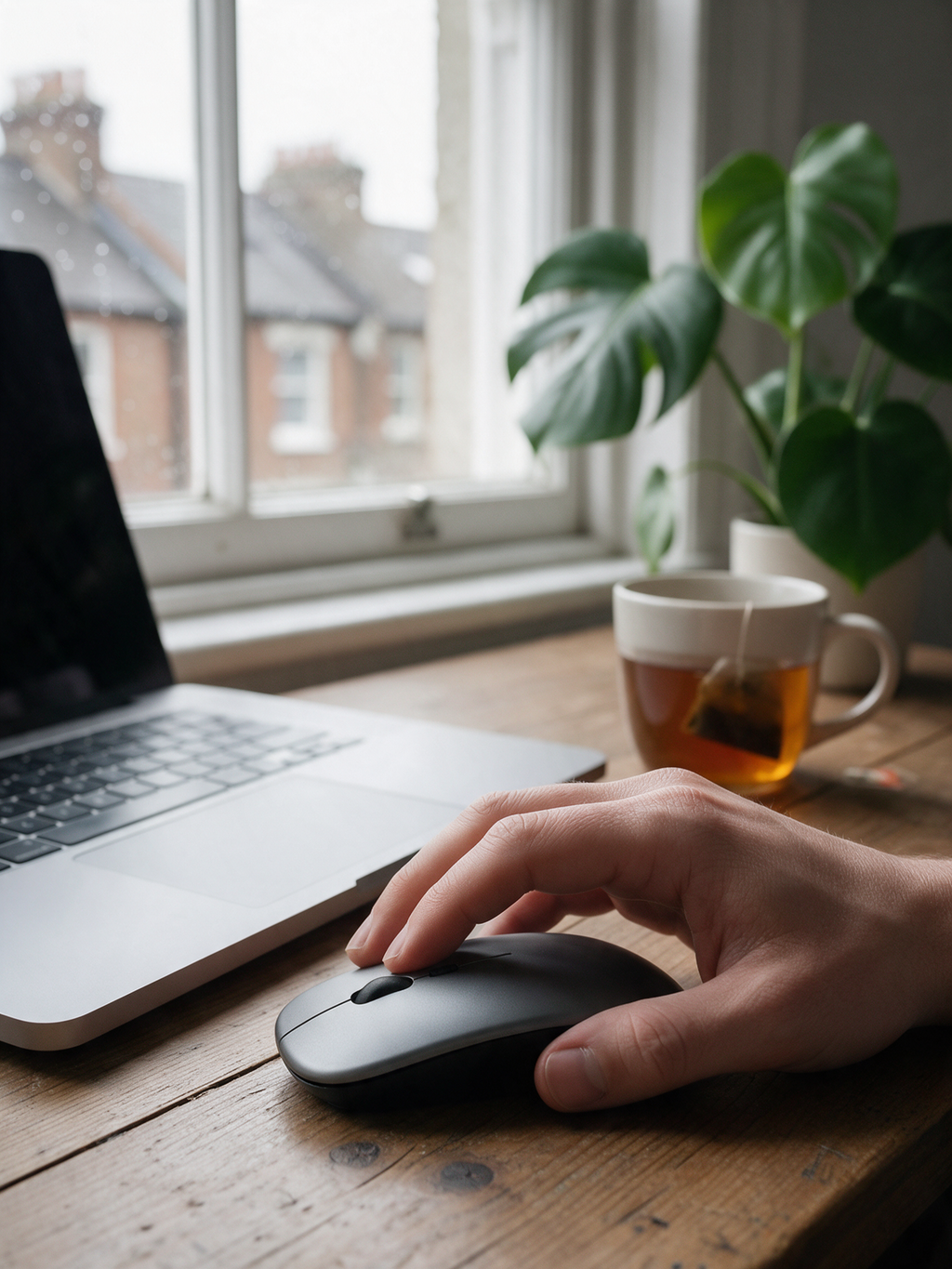 Silent Wireless Mouse — in use, small London flat desk by the window