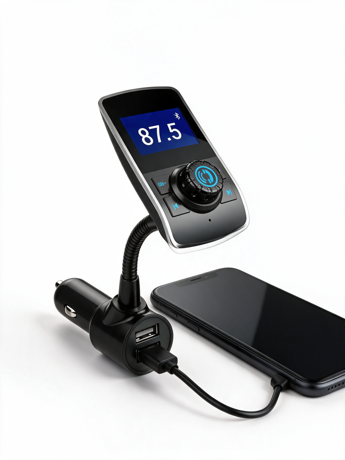 Bluetooth FM Transmitter for Car — charging a phone from one of the two USB ports