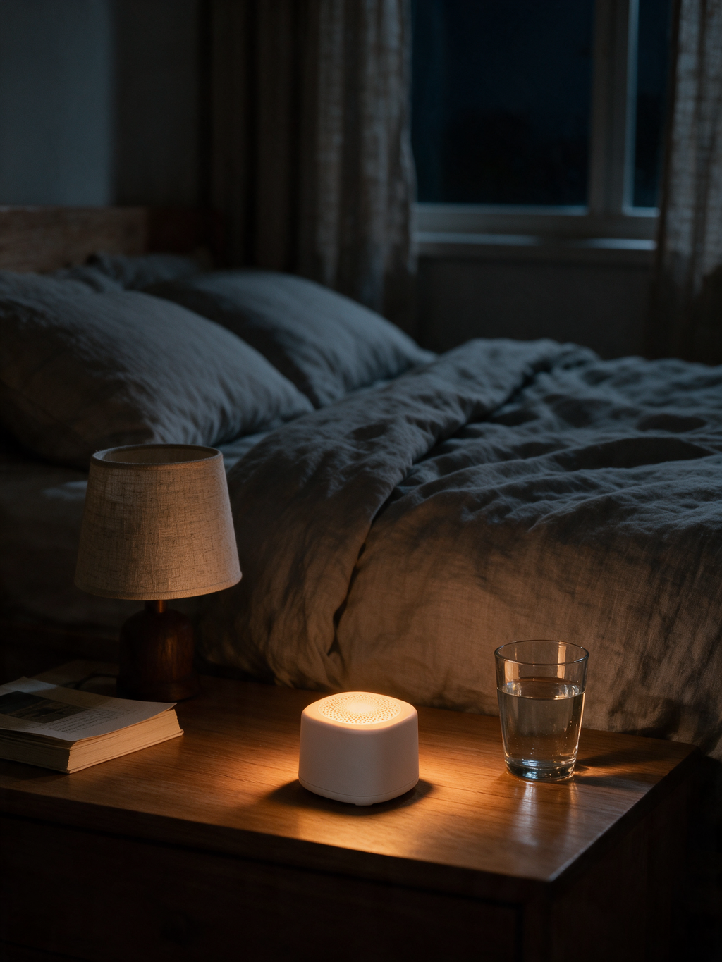 Portable White Noise Machine — in use, on a bedside table at night with a soft night light glow