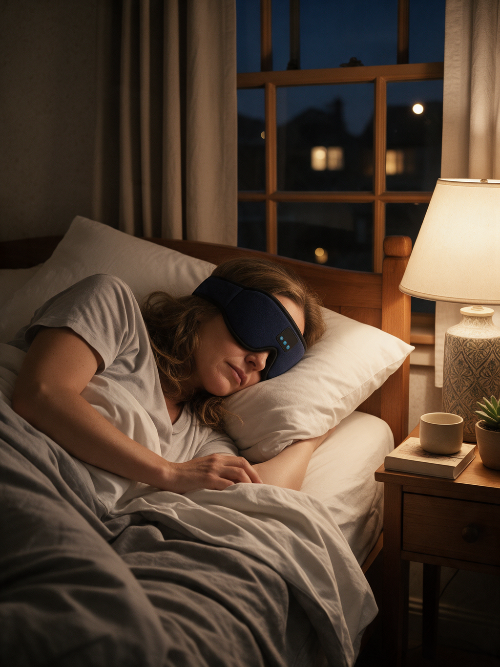 Bluetooth Sleep Mask — in use, sleeping in a bedroom at night