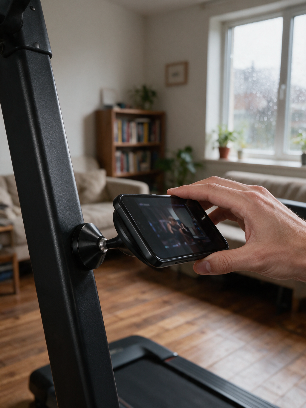 Magnetic Gym Phone Mount — rotating to landscape on a treadmill frame