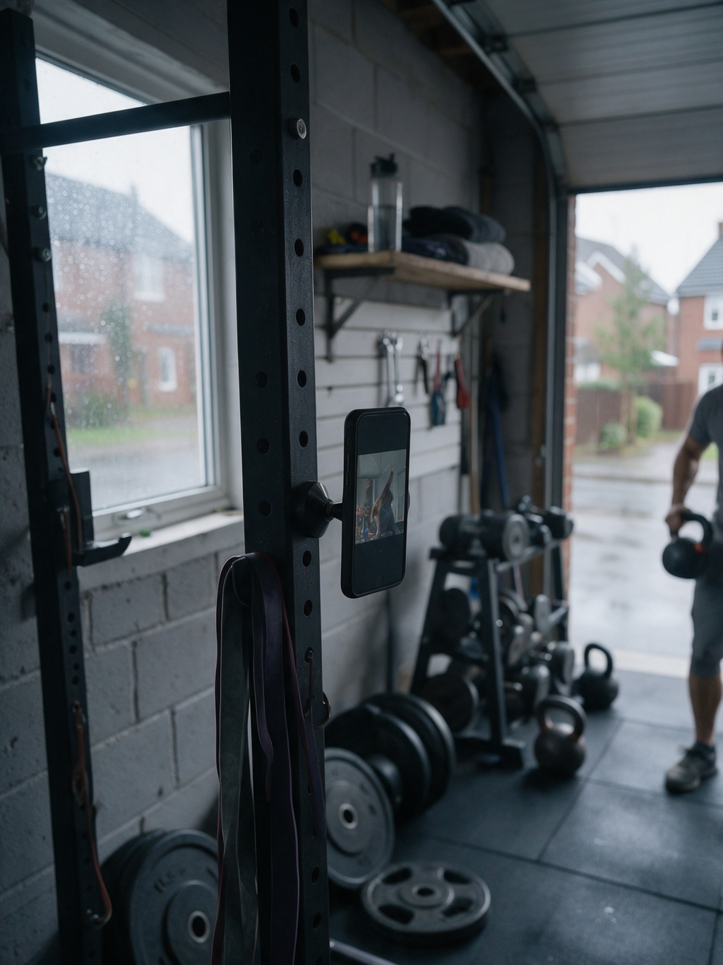 Magnetic Gym Phone Mount — in use, workout video on a rack upright on a rainy day