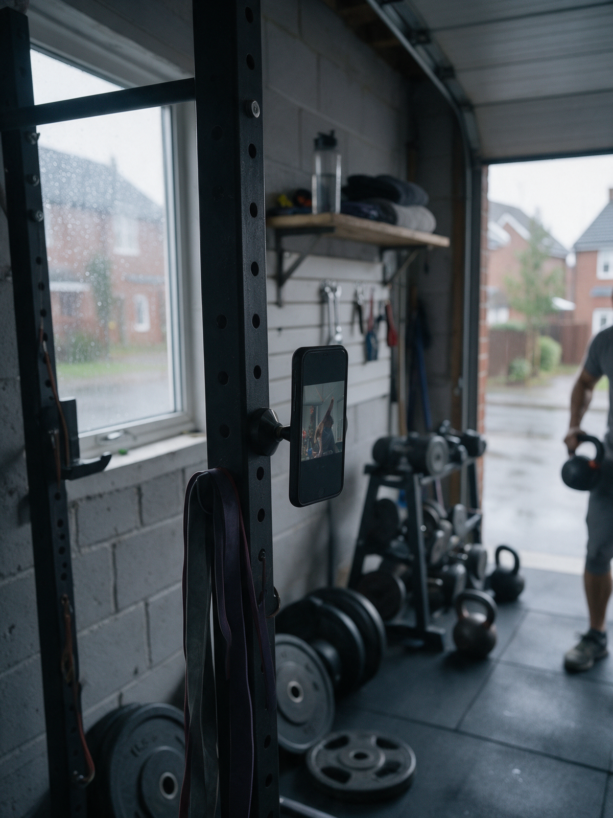 Magnetic Gym Phone Mount — in use, workout video on a rack upright on a rainy day