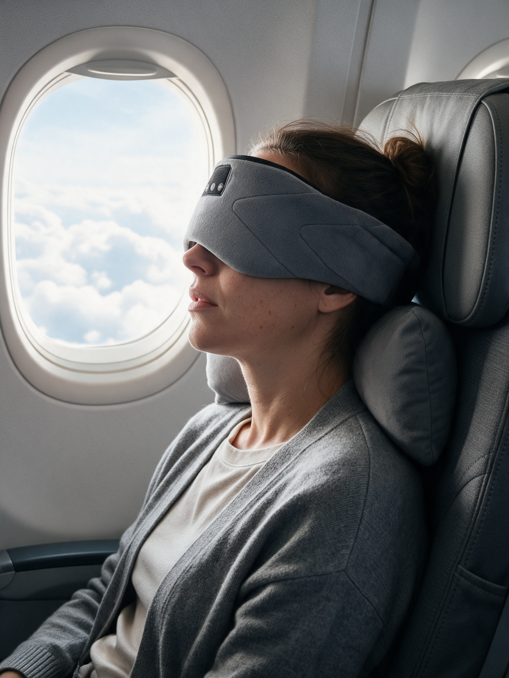 White Noise Sleep Mask — in use, resting on a flight
