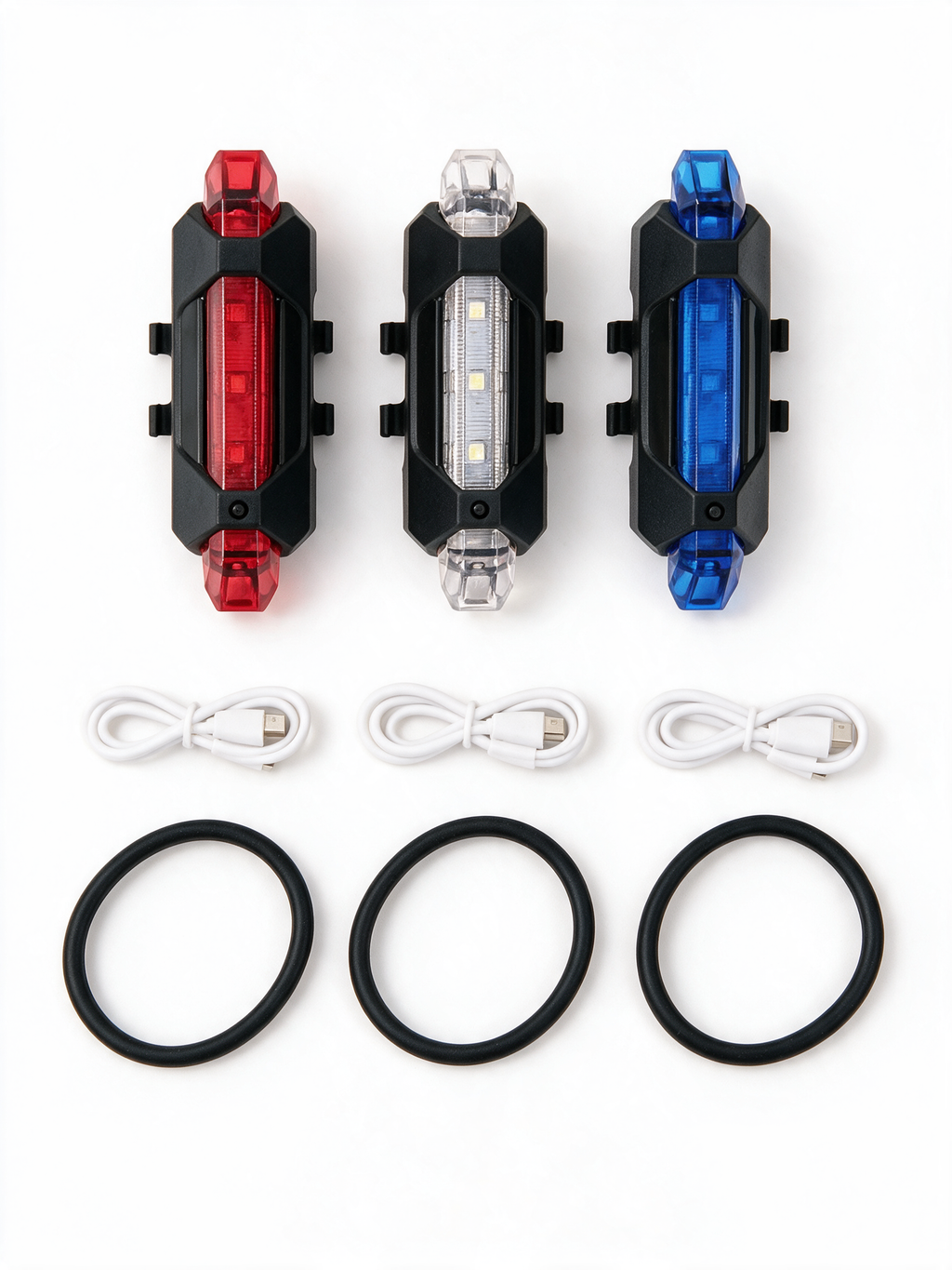 USB Rechargeable Bike Light Set — what is included: 3 lights, 3 USB cables and 3 rubber straps