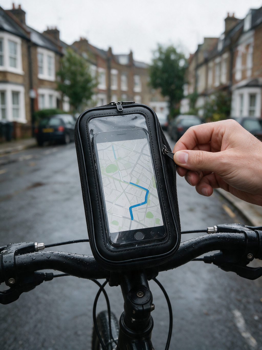 Rainproof Bike Phone Bag — zipping the phone in on the handlebars on a rainy London street