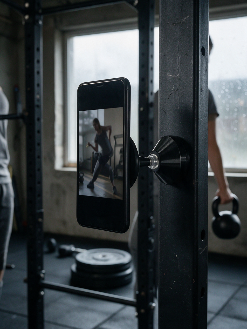 Magnetic Gym Phone Mount — in use, phone on a squat rack in a UK garage gym
