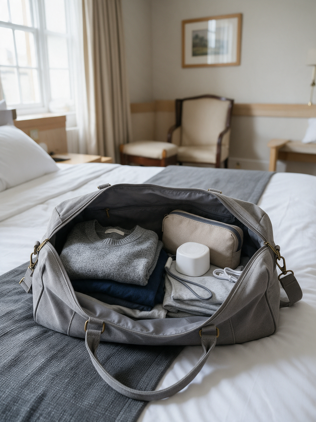 Portable White Noise Machine — in use, packed in a travel bag in a hotel room with lanyard and USB-C cable