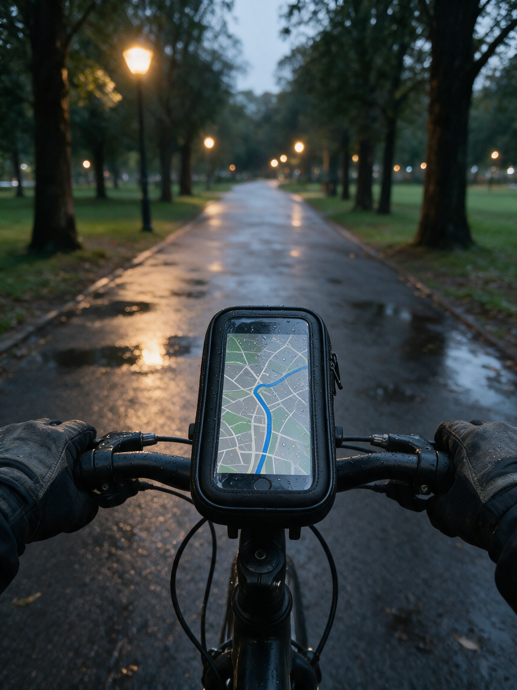 Rainproof Bike Phone Bag — in use, map on the handlebars on a wet park path at dusk