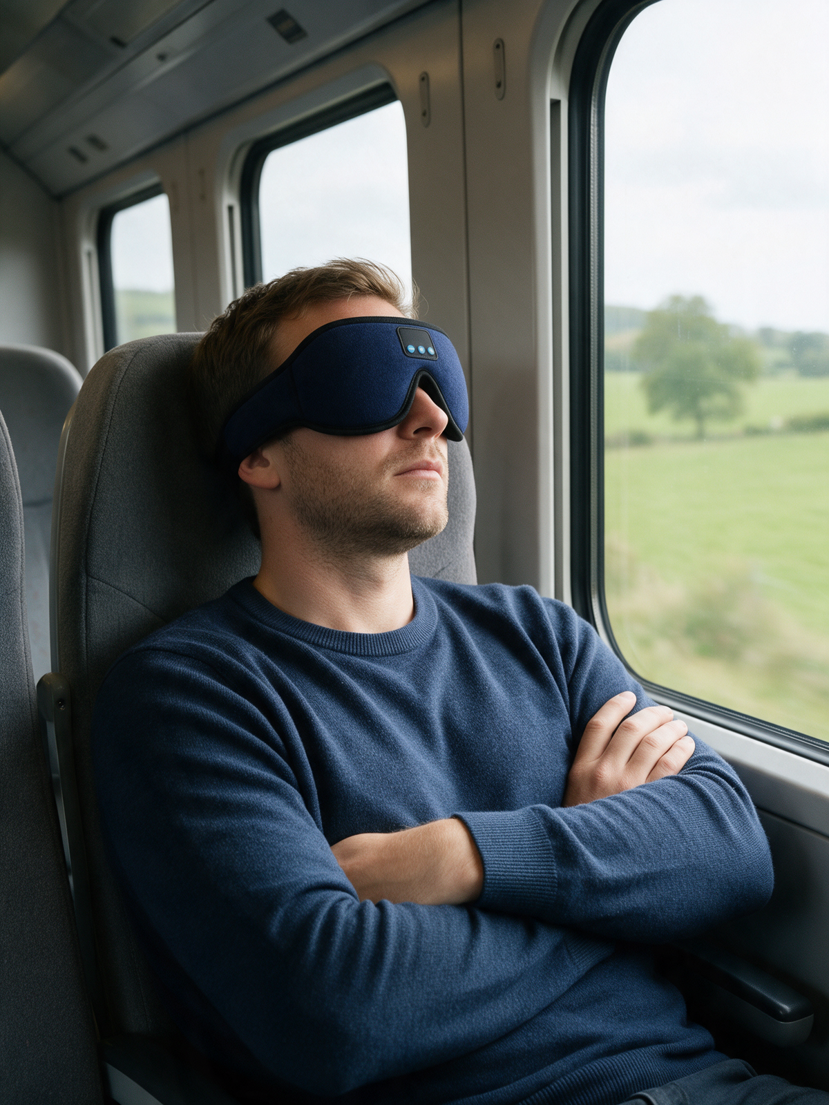 Bluetooth Sleep Mask — in use, resting on a train