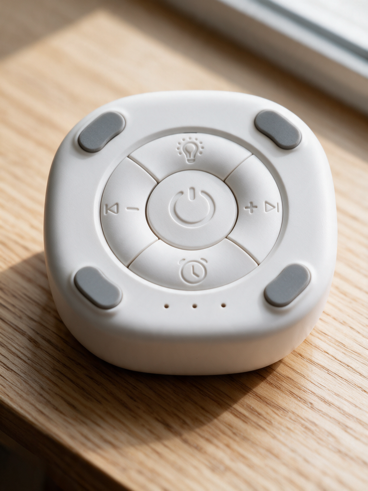 Portable White Noise Machine — close-up of the power, light, sound, volume and timer buttons on the base