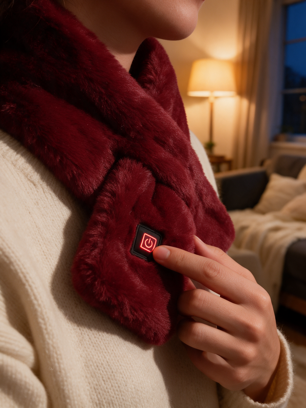 USB Heated Neck Scarf — pressing the button to switch heat settings on the sofa