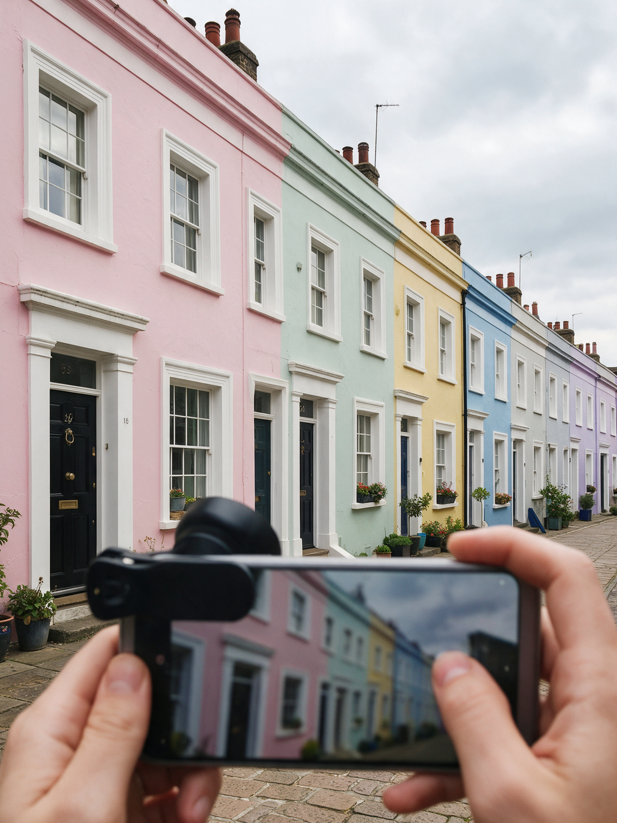 Clip-On Phone Camera Lens Kit — in use, photographing terraced houses on a London street