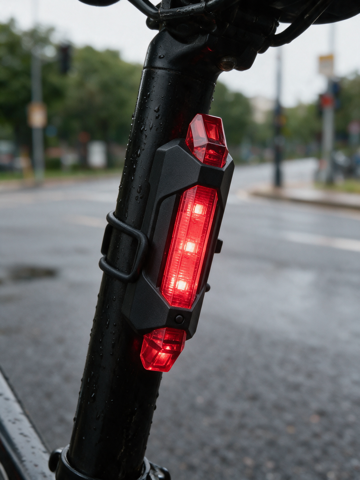USB Rechargeable Bike Light Set — close-up of the red rear light strapped to a seat post