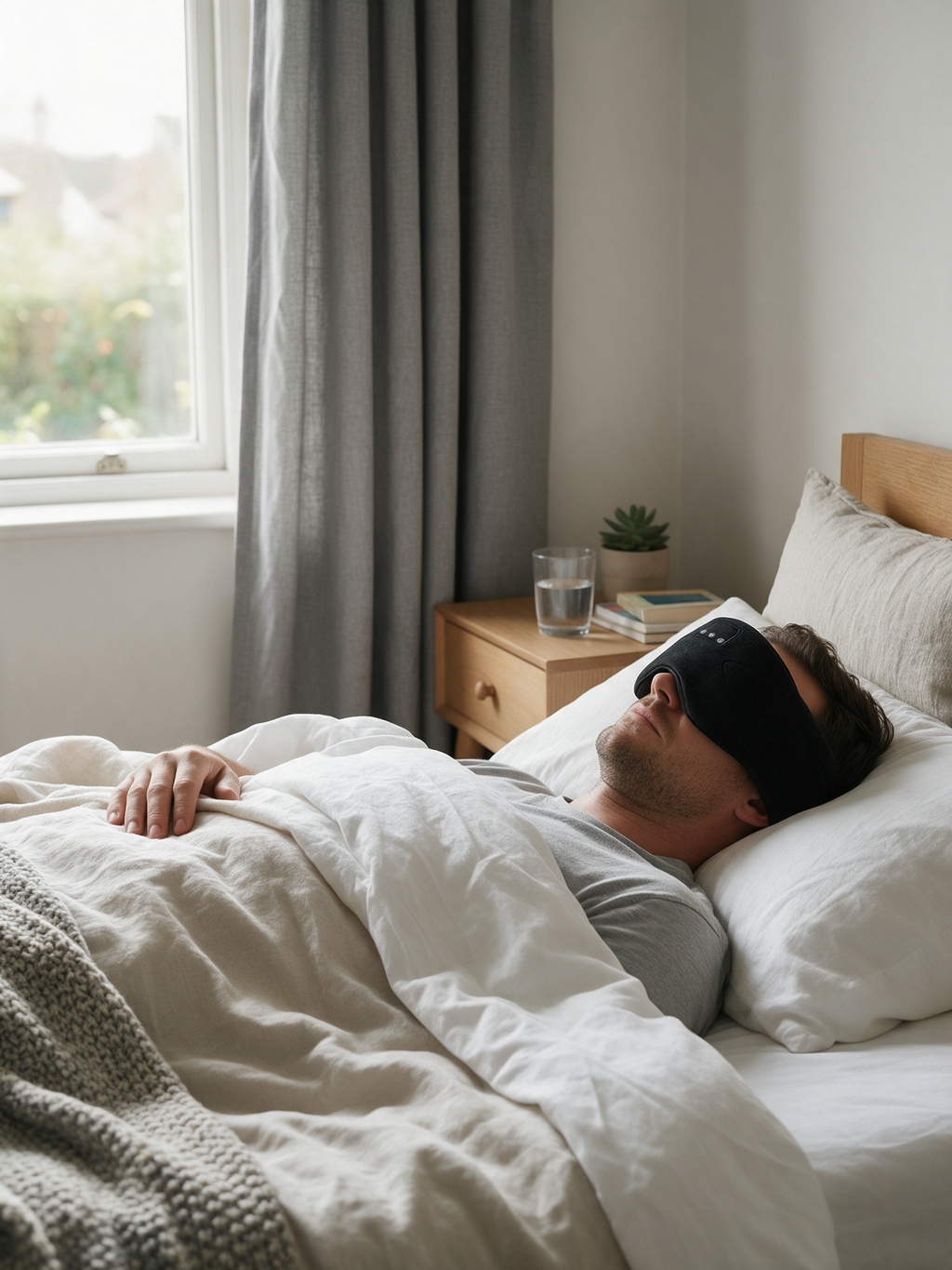 White Noise Sleep Mask — in use, sleeping in a bedroom
