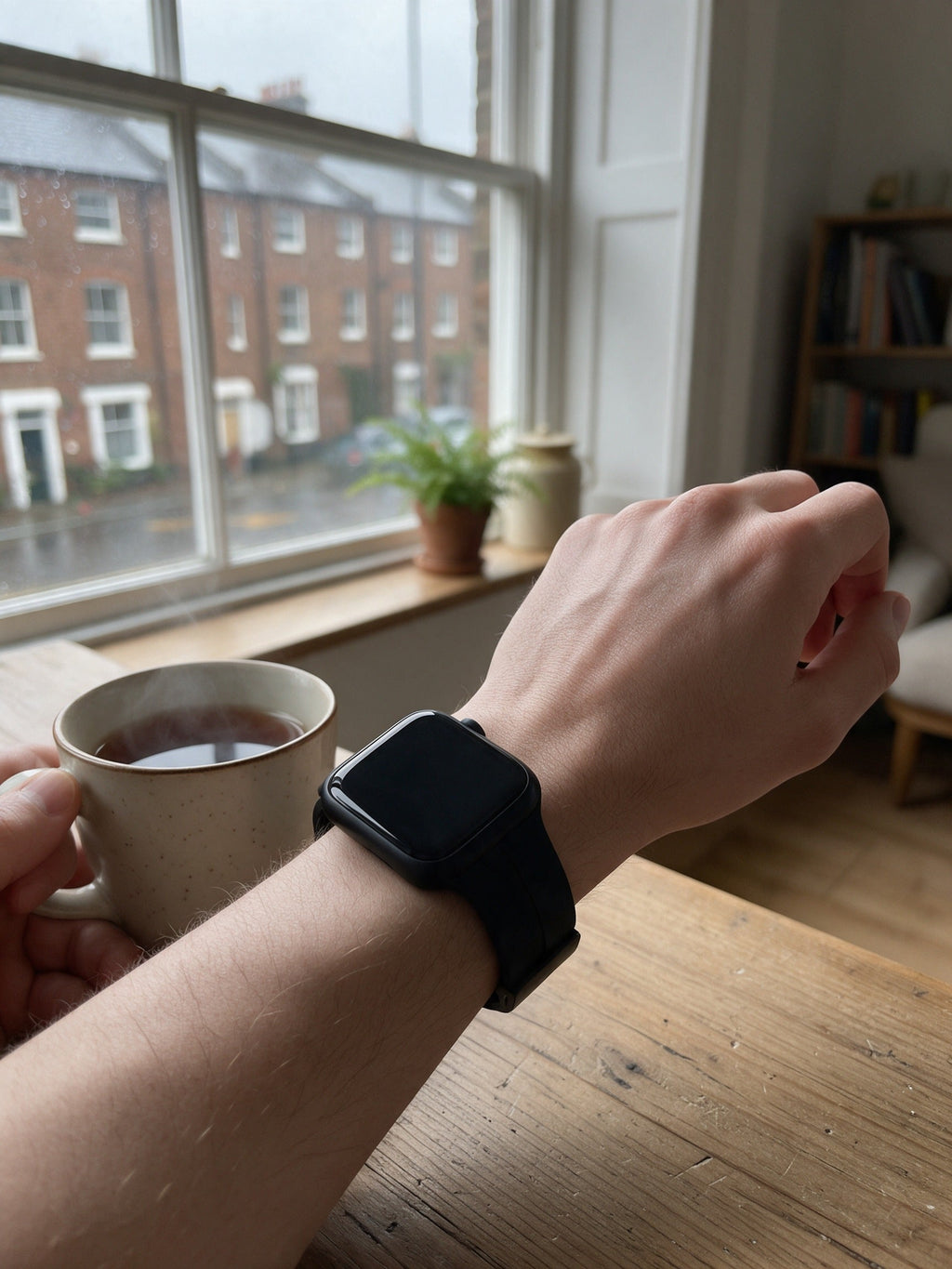 Magnetic Silicone Strap — in use, morning tea by a rainy window in a London flat