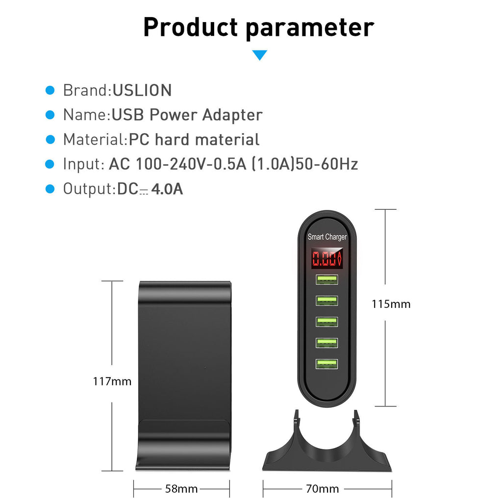 USB charger with 5 ports and LED display, image 5