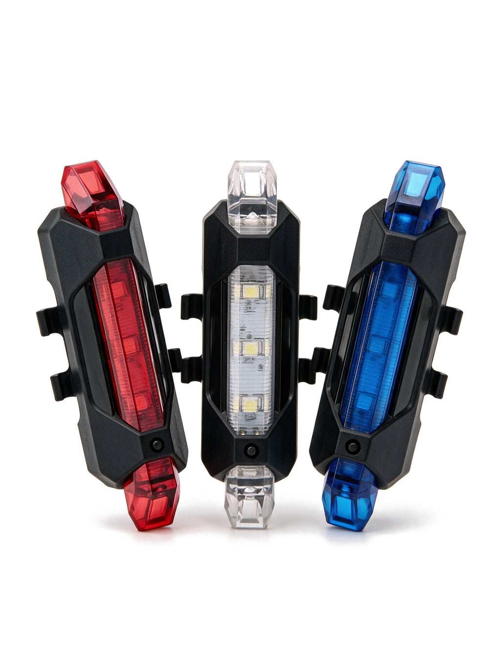USB Rechargeable Bike Light Set in red, white and blue — product shot on white
