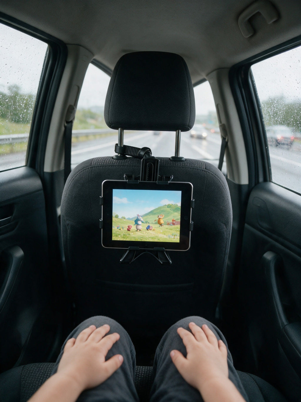 Car Headrest Tablet Holder — in use, strapped to the front headrest facing the back seat on a rainy UK drive