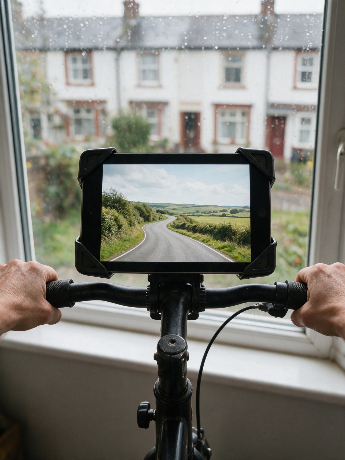 Car Headrest Tablet Holder — clamped to an exercise bike handlebar, also fits round poles