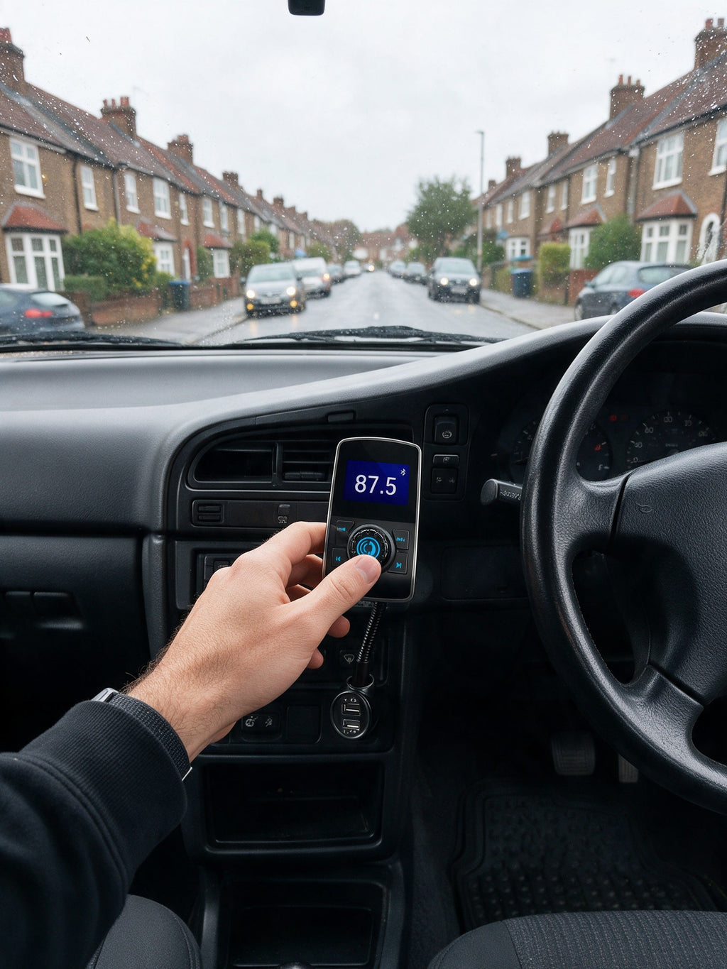Bluetooth FM Transmitter for Car — in use, plugged into the 12V socket on a rainy street
