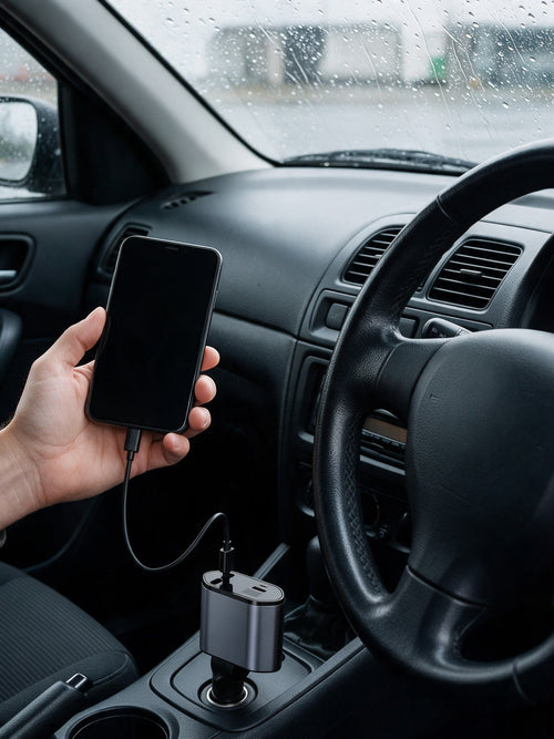 4-in-1 Retractable Car Charger — in use, plugged into the 12V socket of a right-hand-drive car charging a phone