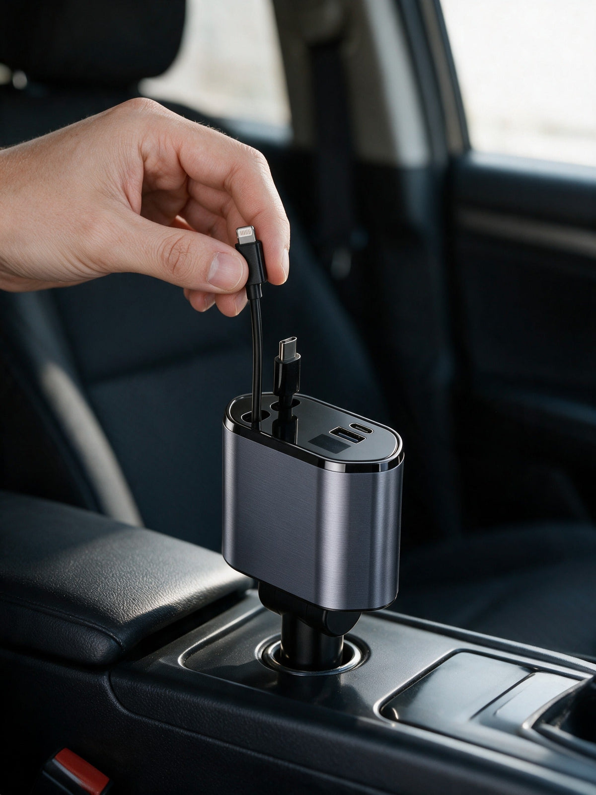 4-in-1 Retractable Car Charger — pulling out a retractable cable