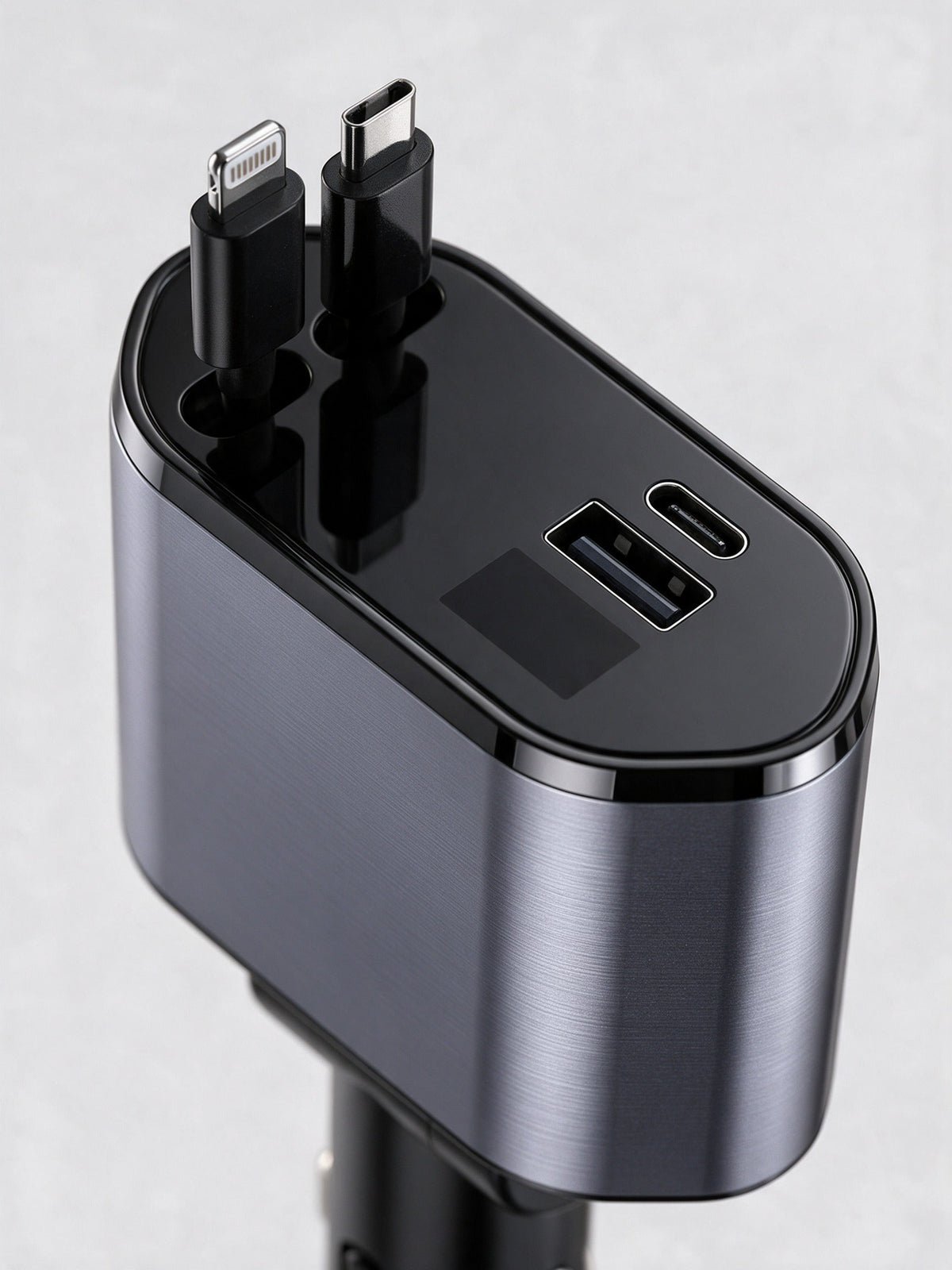 4-in-1 Retractable Car Charger — close-up of the two cable plugs, USB-A and USB-C ports