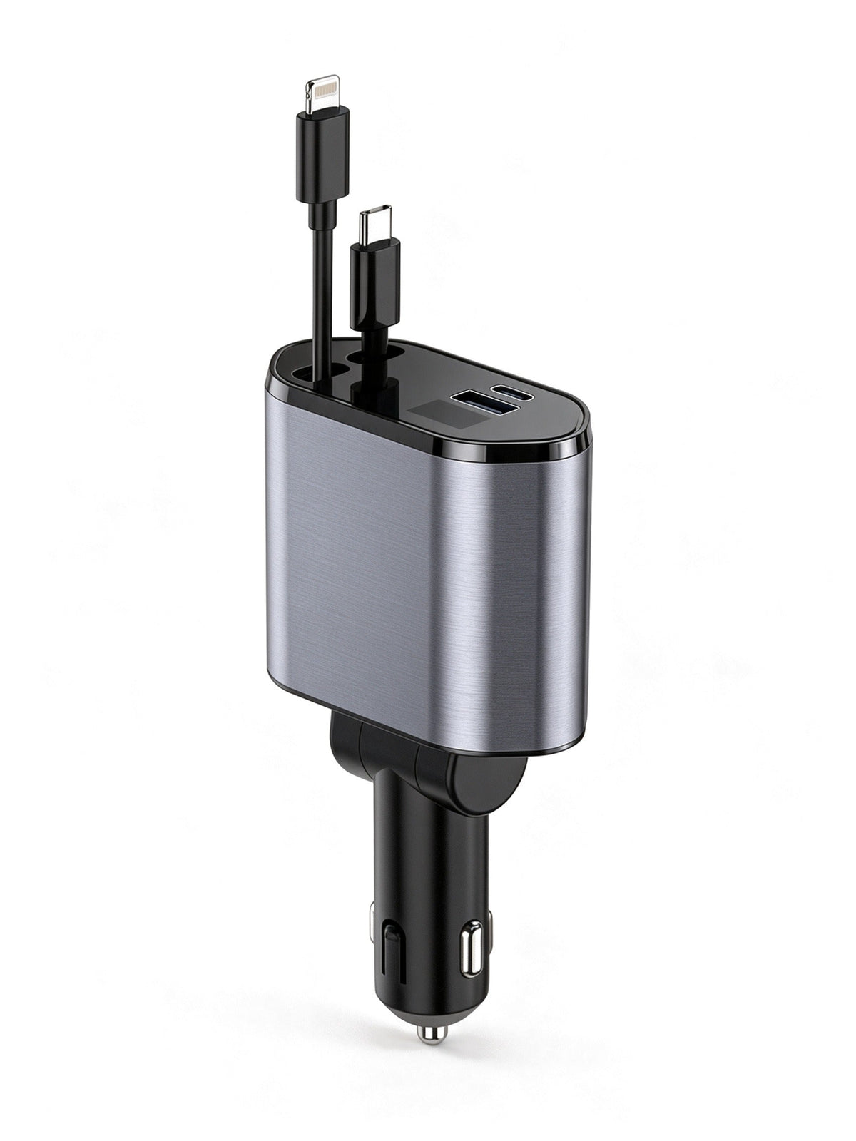 4-in-1 Retractable Car Charger in USB-C + Lightning — product shot on white