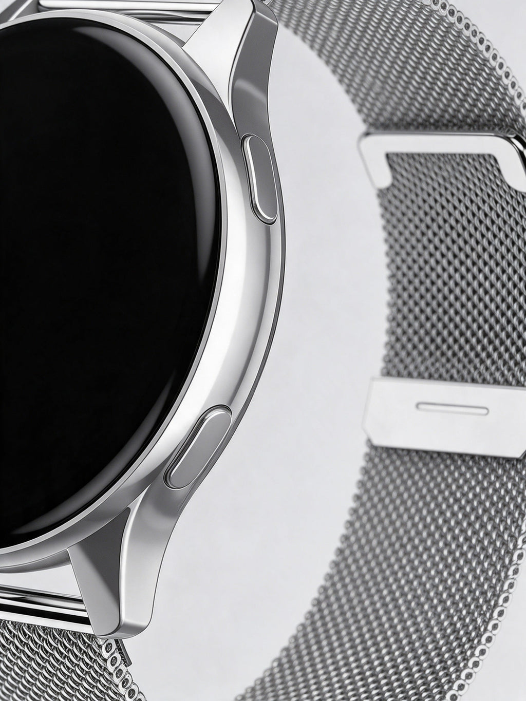 Round Smart Watch — close-up of the two side buttons and the Milanese mesh strap