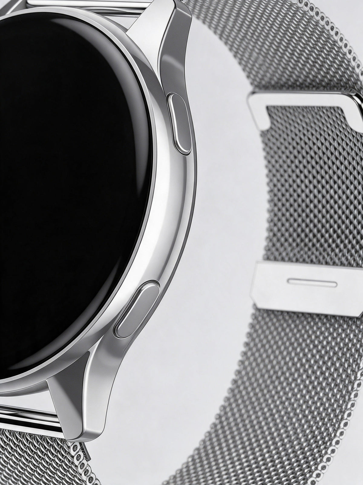 Round Smart Watch — close-up of the two side buttons and the Milanese mesh strap