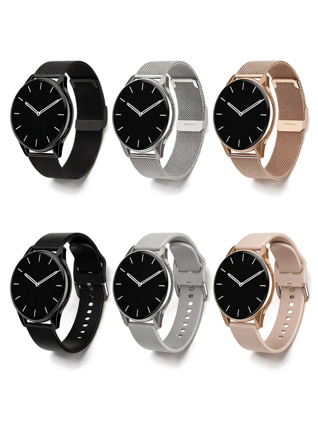Round Smart Watch — all six styles: black, silver and gold with mesh or silicone strap