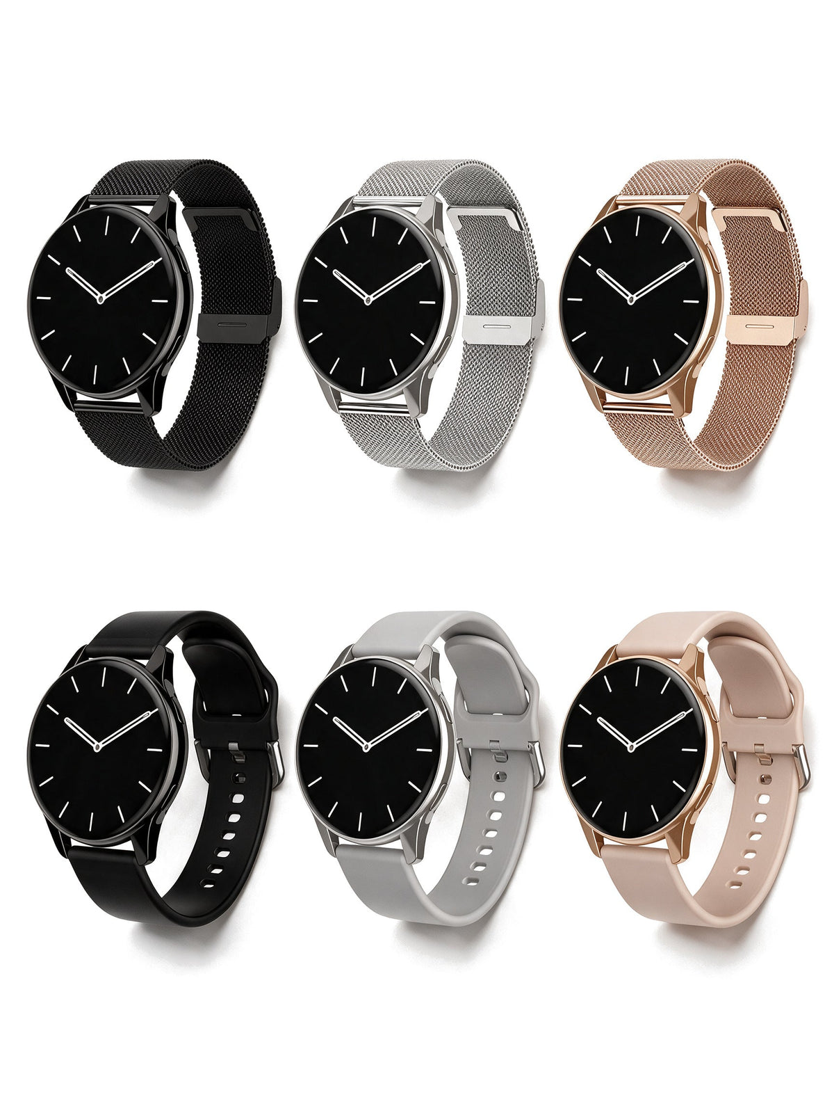 Round Smart Watch — all six styles: black, silver and gold with mesh or silicone strap