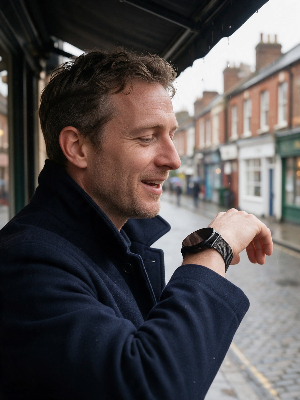 Round Smart Watch — in use, taking a call from the wrist on a rainy London street