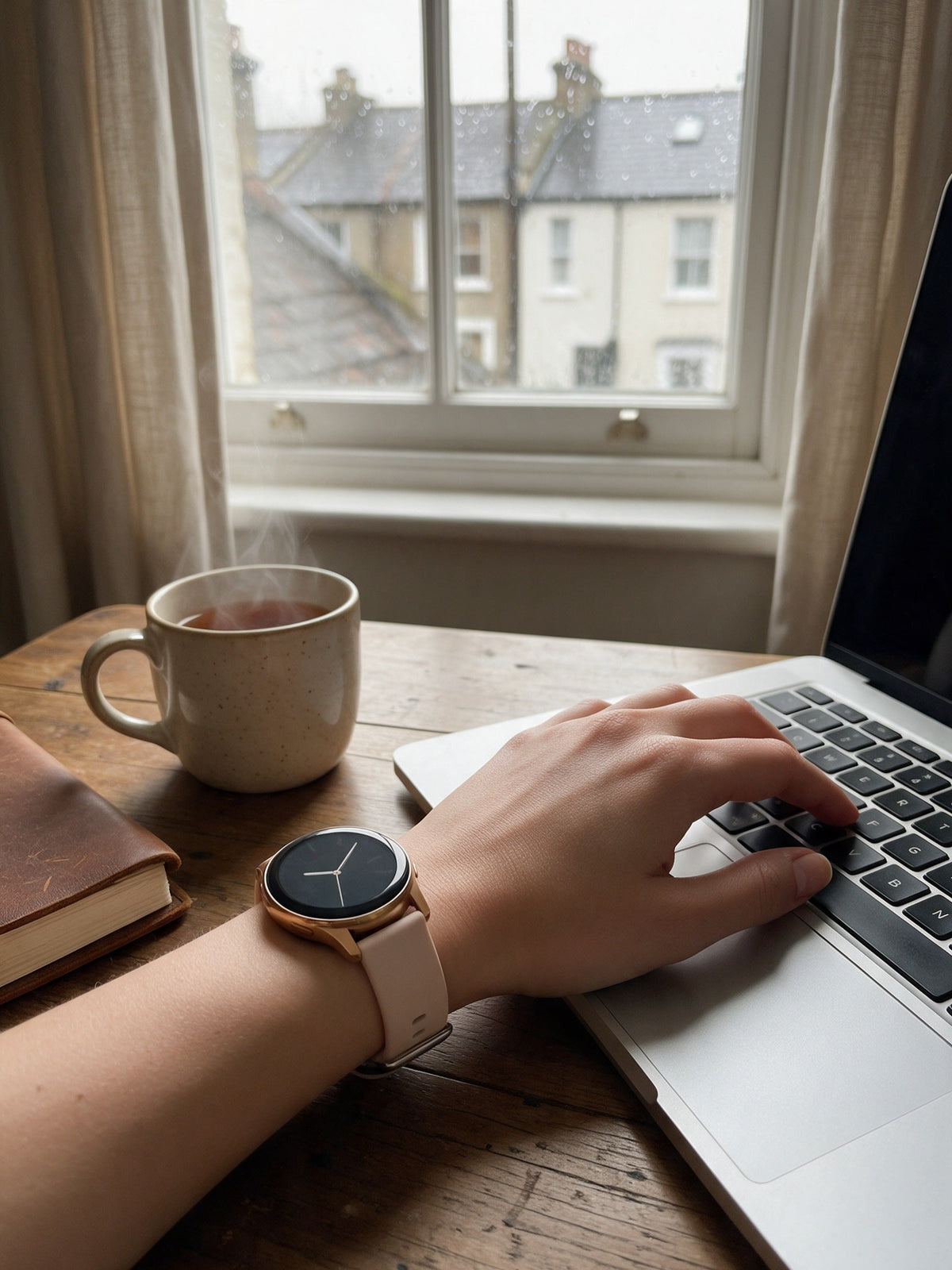 Round Smart Watch — in use, gold with silicone strap at a home desk in a London flat