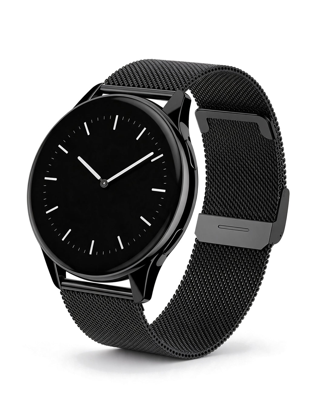 Round Smart Watch in Black with mesh strap — product shot on white